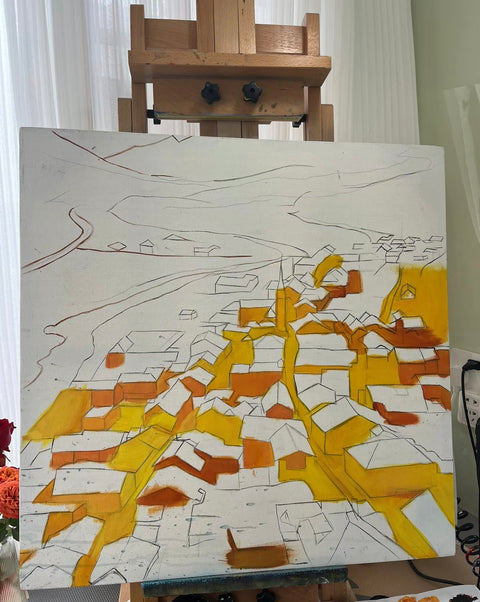 Snow Town Dusk Oil Painting