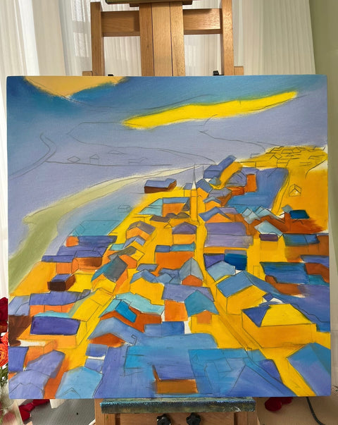 Snow Town Dusk Oil Painting
