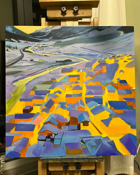 Snow Town Dusk Oil Painting