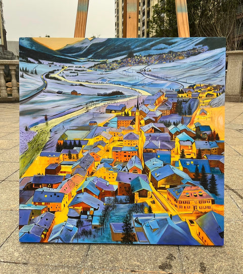 Snow Town Dusk Oil Painting