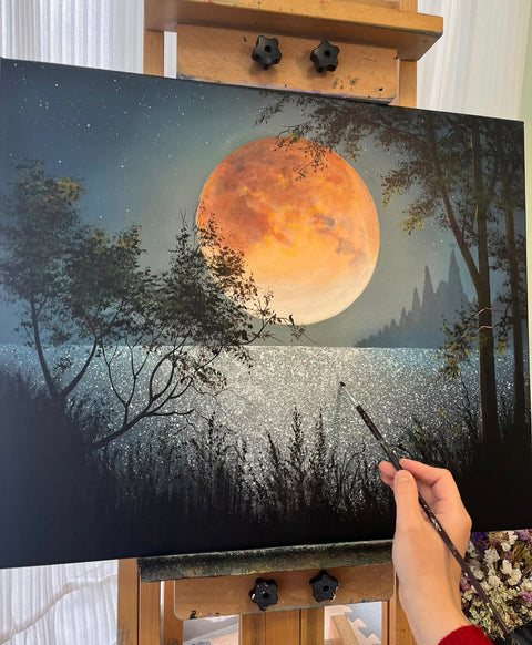 Full Moon Lakeside Oil Painting