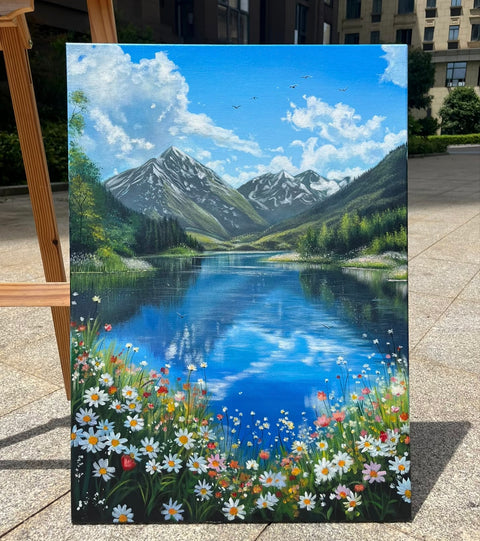 Mountain Lake Wildflower Oil Painting