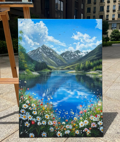 Mountain Lake Wildflower Oil Painting