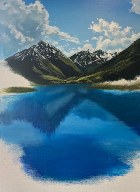 Mountain Lake Wildflower Oil Painting