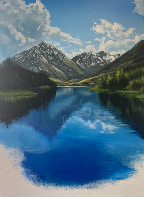 Mountain Lake Wildflower Oil Painting