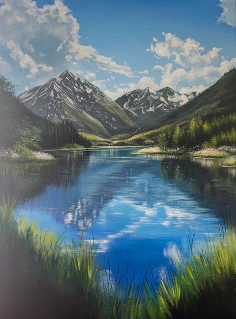 Mountain Lake Wildflower Oil Painting