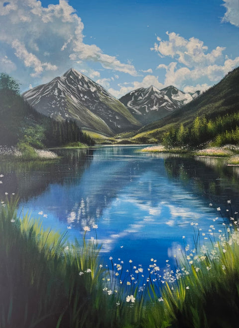Mountain Lake Wildflower Oil Painting
