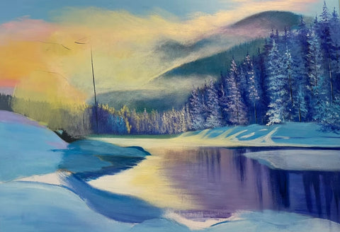 Frozen Lake Winter Dawn Oil Painting
