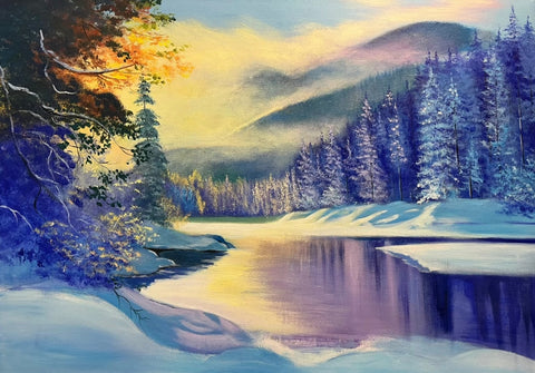 Frozen Lake Winter Dawn Oil Painting