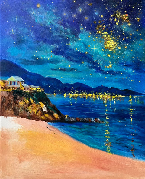 Starry Coast Night Oil Painting