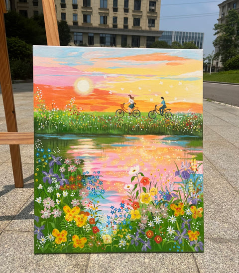 Flower Field Cycling Oil Painting