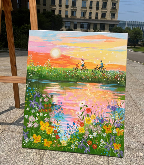 Flower Field Cycling Oil Painting