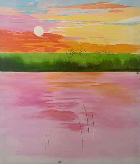 Flower Field Cycling Oil Painting
