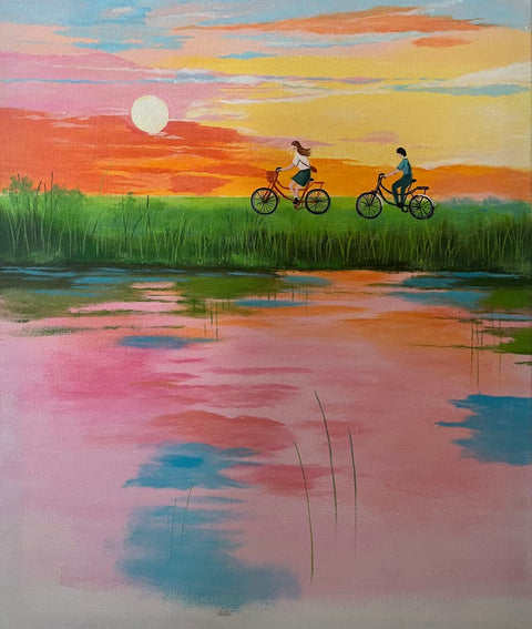 Flower Field Cycling Oil Painting