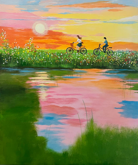Flower Field Cycling Oil Painting