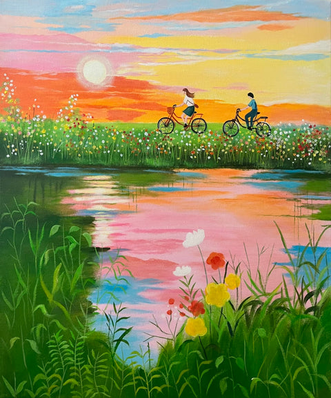 Flower Field Cycling Oil Painting