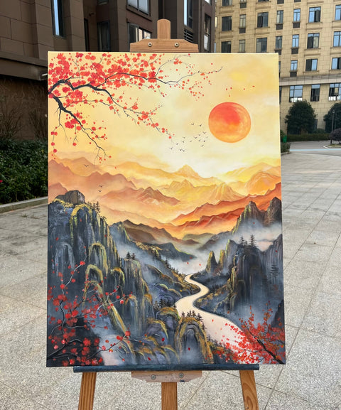 Red Plum Sunrise Mountain Oil Painting