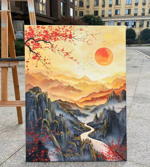 Red Plum Sunrise Mountain Oil Painting