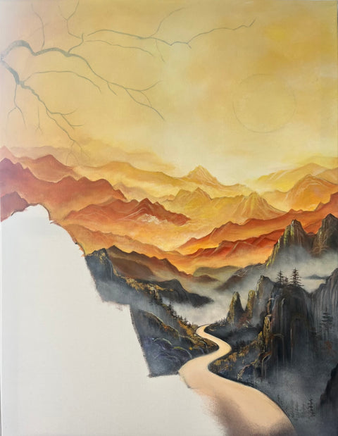Red Plum Sunrise Mountain Oil Painting