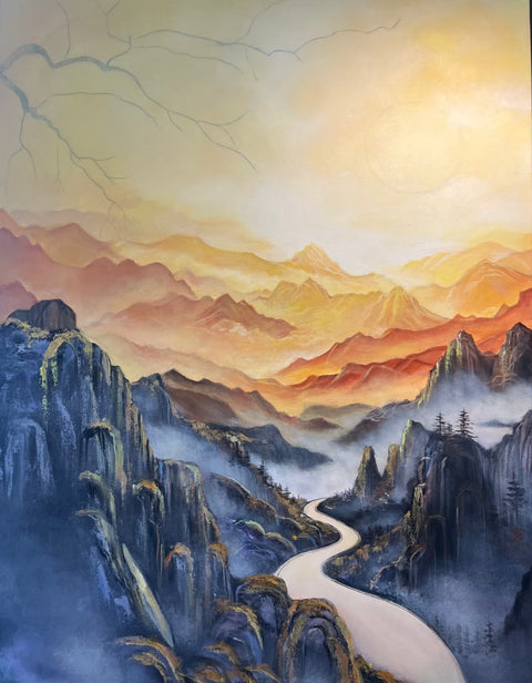 Red Plum Sunrise Mountain Oil Painting