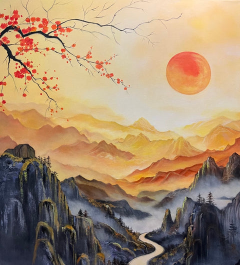 Red Plum Sunrise Mountain Oil Painting