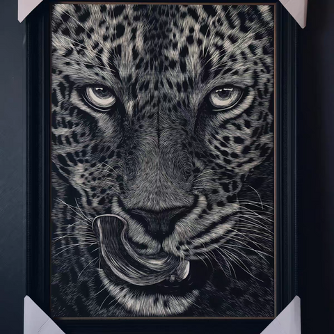 Staring Leopard Woodcut Print