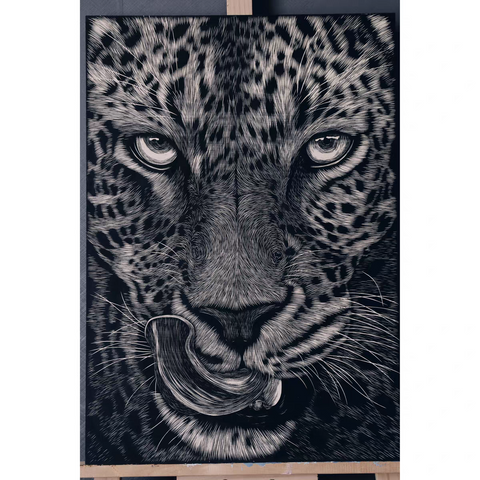 Staring Leopard Woodcut Print