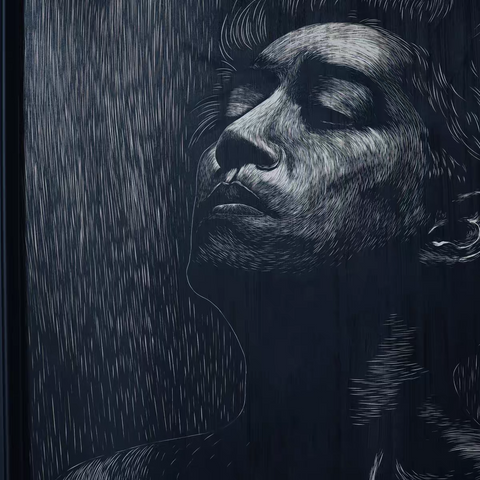 Contemplation In Rain Woodcut Print