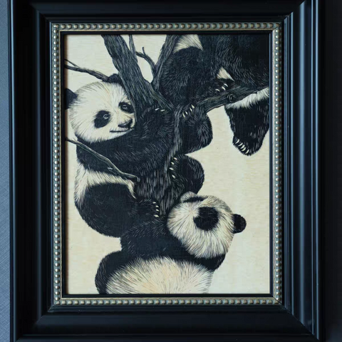 Playful Pandas Woodcut Print