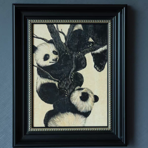 Playful Pandas Woodcut Print